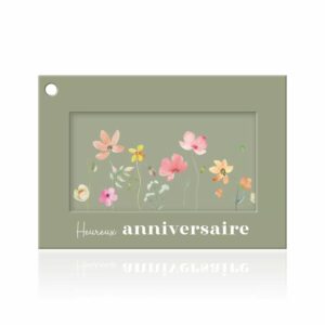 Carte Heureux anniversaire à cadre vert sauge et fleurs des champs aquarelle pour bouquet de fleuriste