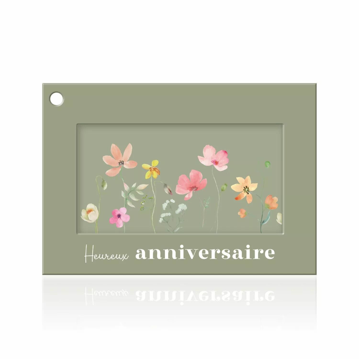Carte Heureux anniversaire à cadre vert sauge et fleurs des champs aquarelle pour bouquet de fleuriste
