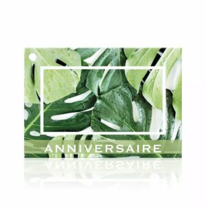 Carte Heureux anniversaire à photo de feuilles de monstera et bandeau vert pour plante offerte