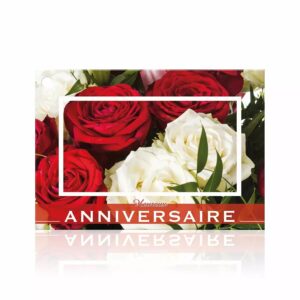 Carte Heureux anniversaire à photo de roses rouges et blanches avec bandeau rouge pour bouquet