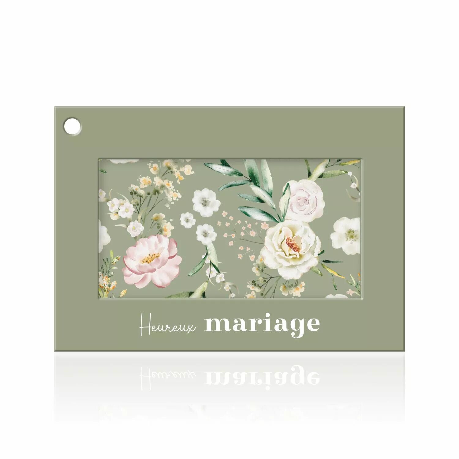 Carte Heureux mariage vert sauge illustrée de roses blanches pour bouquet de mariés de fleuriste