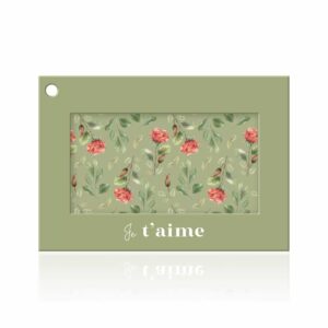 Carte de vœux Je t'aime à cadre vert sauge et fenêtre de roses rouges aquarelle pour bouquet de fleuriste