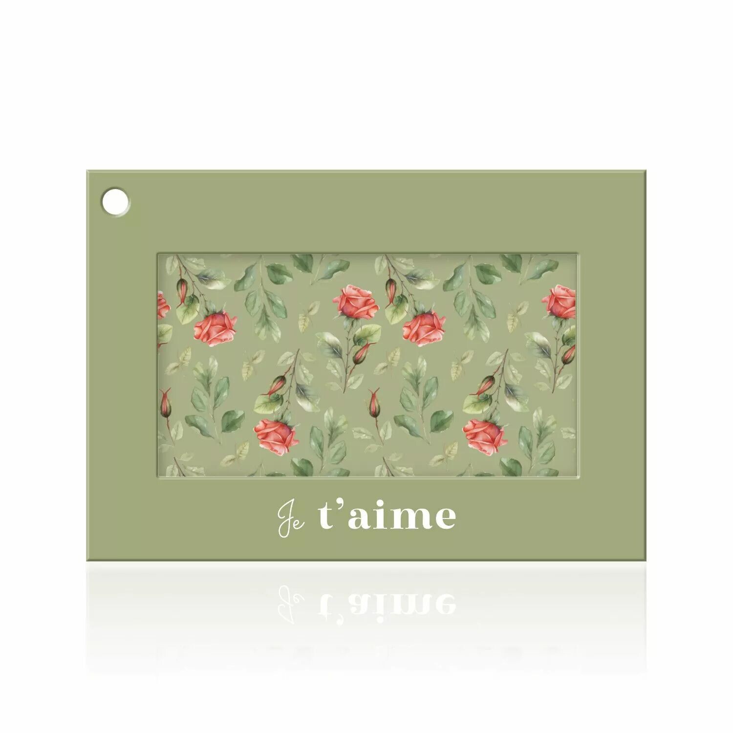 Carte de vœux Je t'aime à cadre vert sauge et fenêtre de roses rouges aquarelle pour bouquet de fleuriste