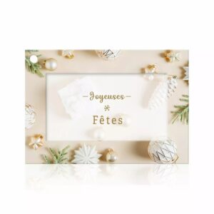 Carte Joyeuses fêtes à photo de boules de Noël blanches et dorées pour compositions de Noël de fleuriste