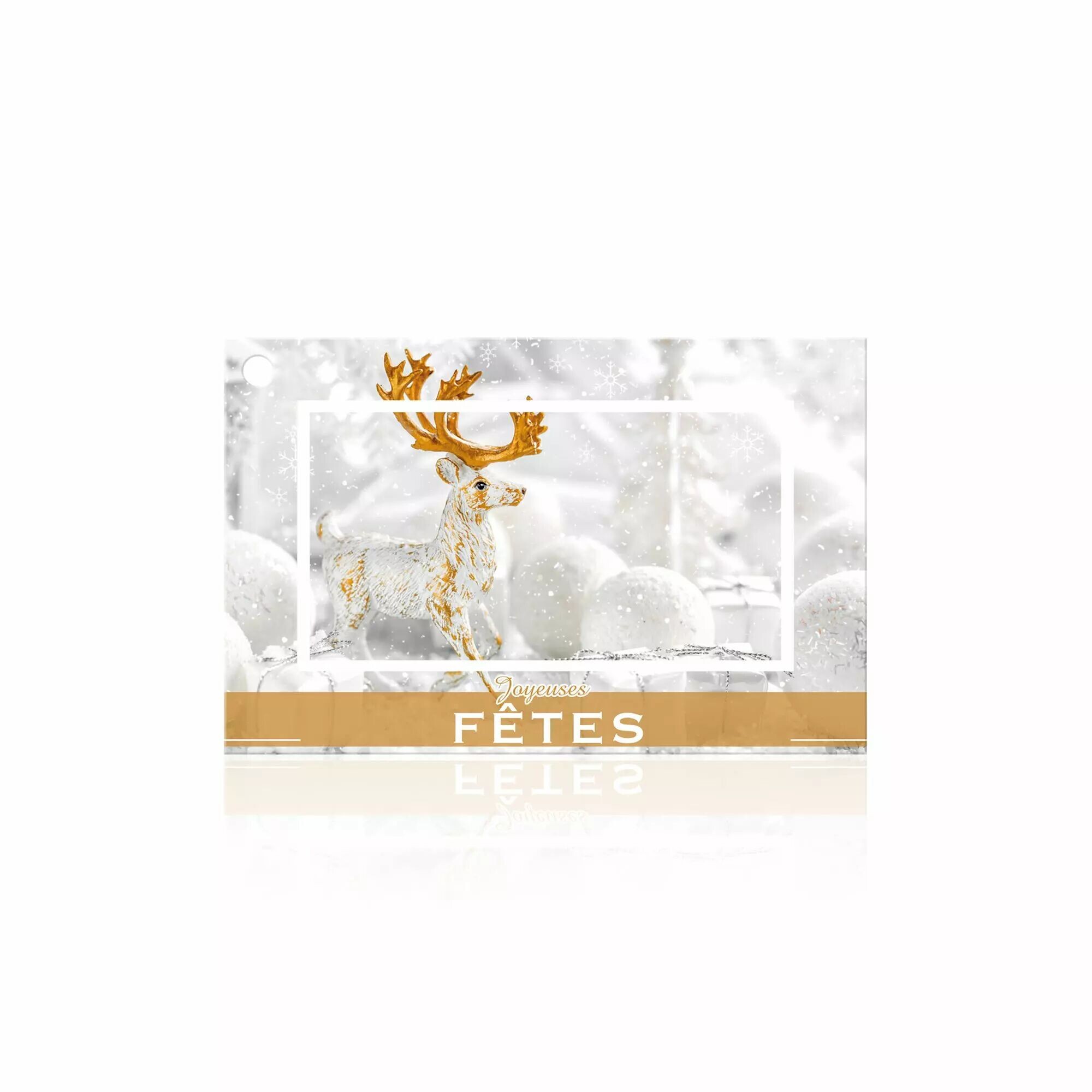 Carte Joyeuses fêtes à photo de renne blanc aux bois dorés et bandeau doré pour compositions de Noël