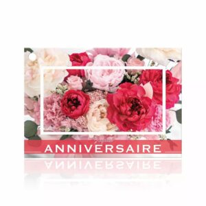 Carte Joyeux anniversaire à photo de fleurs rouges et roses avec bandeau rose pour bouquet de fleuriste