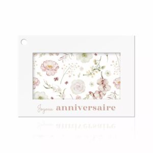 Carte Joyeux anniversaire à cadre blanc et fleurs pastel aquarelle pour accompagner un bouquet de fleuriste