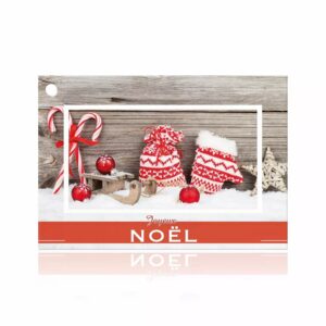 Carte Joyeux Noël à photo de sucres d'orge et tricots rouges avec bandeau rouge pour compositions de Noël