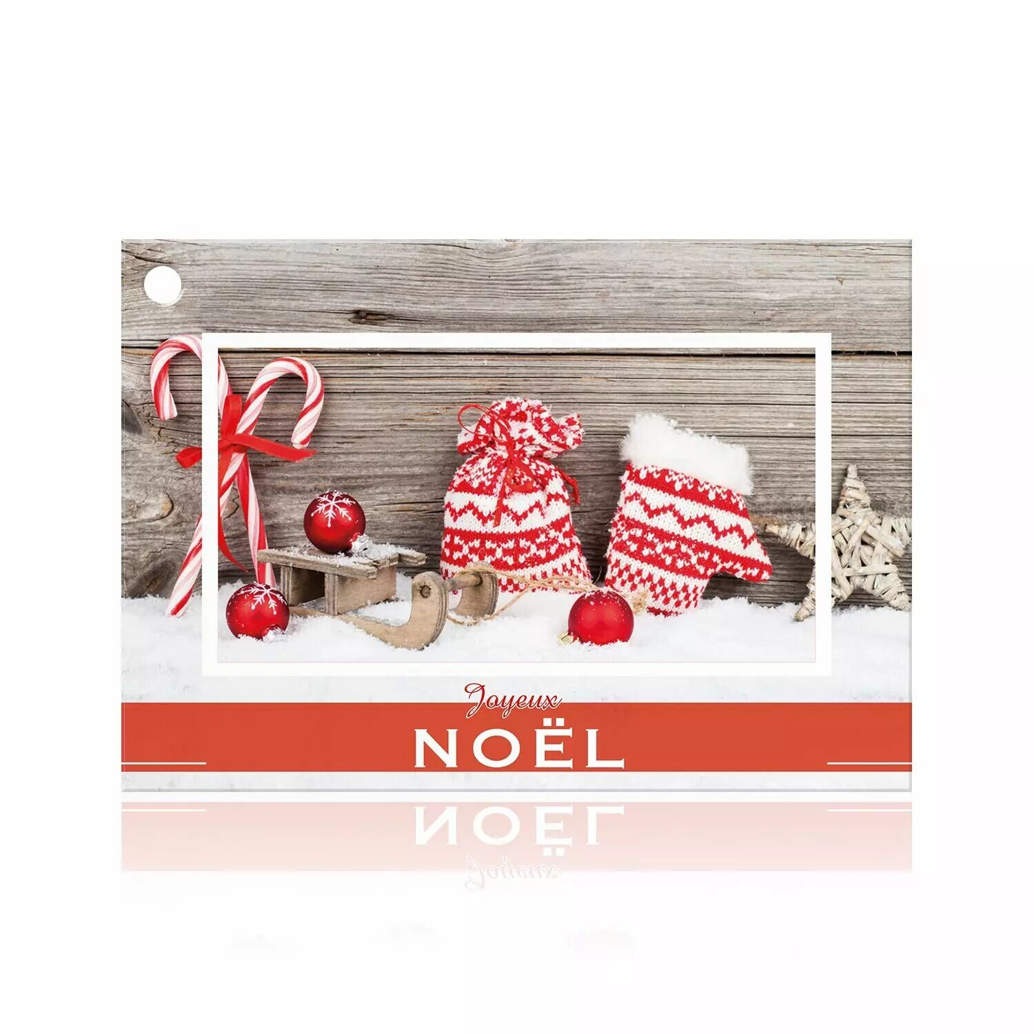Carte Joyeux Noël à photo de sucres d'orge et tricots rouges avec bandeau rouge pour compositions de Noël