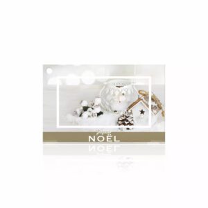 Carte Joyeux Noël à photo de lanterne blanche et décor enneigé avec bandeau taupe pour compositions de Noël