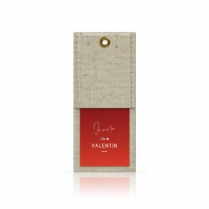 Carte de vœux Je suis ton Valentin dans un écrin en jute à œillet doré pour bouquet de fleuriste