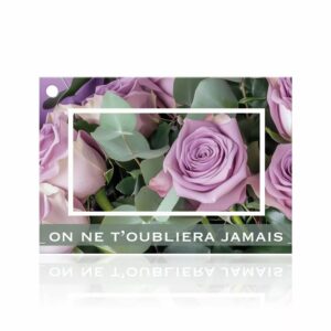Carte On ne t'oubliera jamais à photo de roses mauves et eucalyptus pour fleurs de deuil de fleuriste