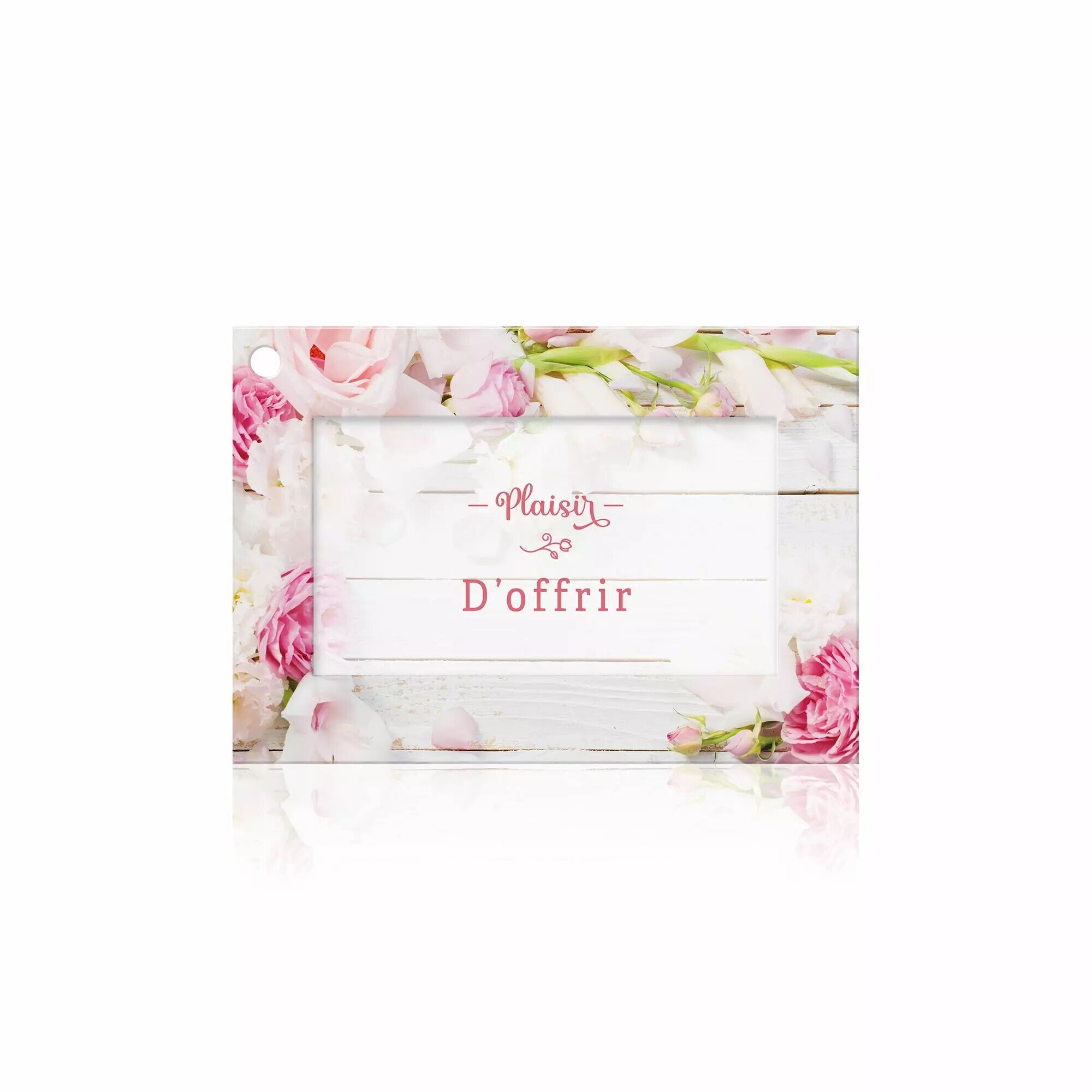 Carte Plaisir d'offrir à photo de roses et fleurs blanches sur fond de bois blanc pour bouquet de fleuriste