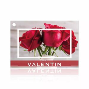 Carte de vœux Saint Valentin avec photo de bouquet de roses rouges et bandeau rouge pour fleuriste