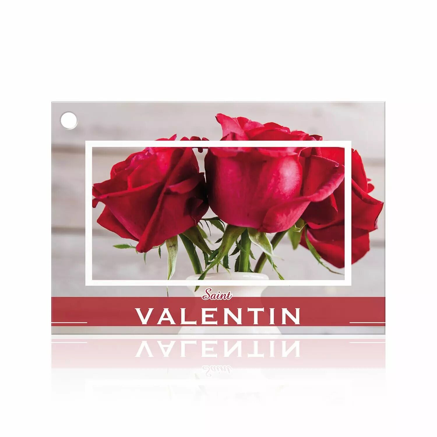 Carte de vœux Saint Valentin avec photo de bouquet de roses rouges et bandeau rouge pour fleuriste