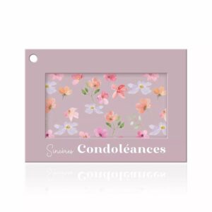 Carte Sincères condoléances à cadre mauve et fleurs aquarelle pour fleurs de deuil de fleuriste