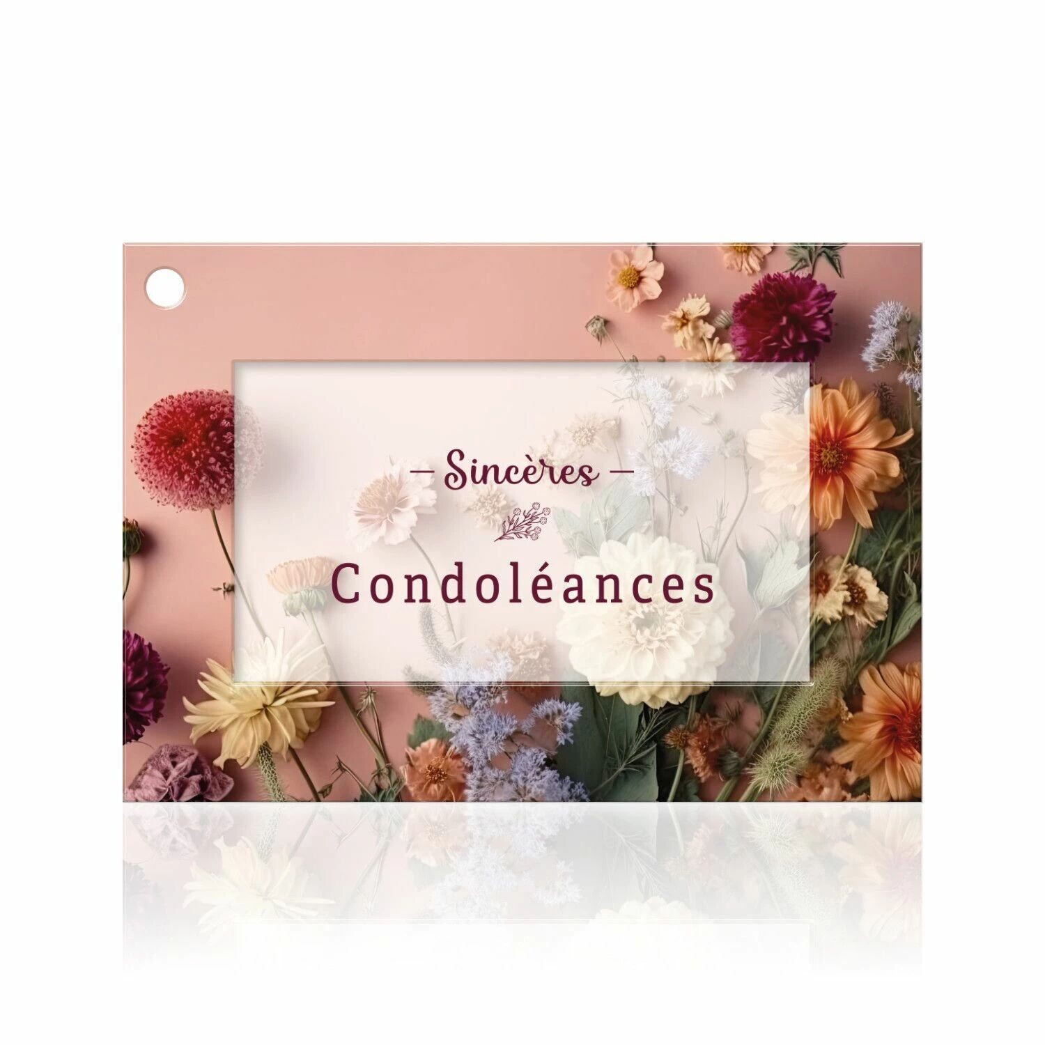 Carte de condoléances photo de dahlias et fleurs des champs sur fond rose pour bouquet de deuil