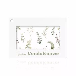 Carte de condoléances blanche illustrée d'eucalyptus et de baies pour composition de deuil de fleuriste