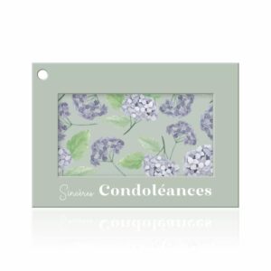 Carte de condoléances vert sauge illustrée d'hortensias bleus pour bouquet et composition de deuil