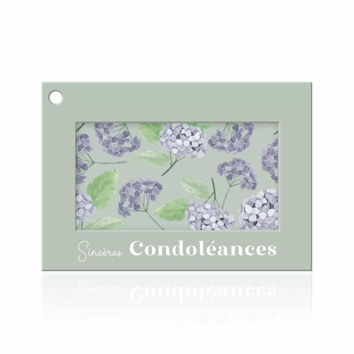 Carte de condoléances vert sauge illustrée d'hortensias bleus pour bouquet et composition de deuil