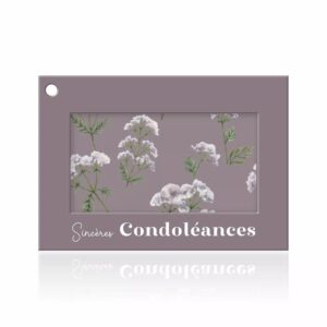 Carte de condoléances fond mauve illustrée d'ombelles blanches pour gerbe et composition de deuil de fleuriste
