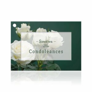 Carte de condoléances photo de roses blanches sur fond vert foncé pour gerbe de deuil de fleuriste