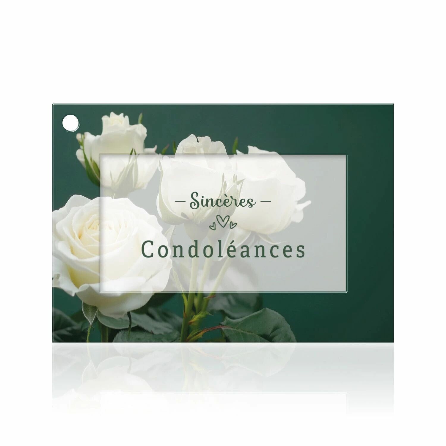 Carte de condoléances photo de roses blanches sur fond vert foncé pour gerbe de deuil de fleuriste