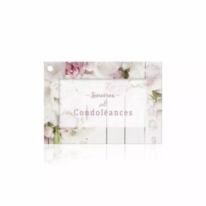 Carte de condoléances photo de roses blanches et rose poudré sur bois blanc pour bouquet de deuil