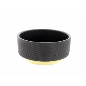 Coupe ronde en céramique gris foncé à fines stries et base sable pour compositions florales basses
