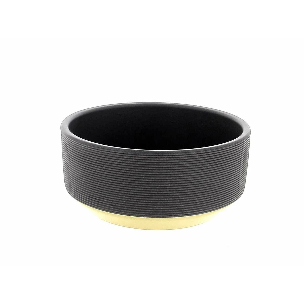 Coupe ronde en céramique gris foncé à fines stries et base sable pour compositions florales basses