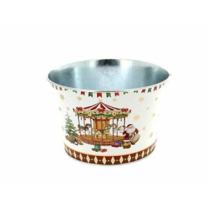 Coupe ronde en zinc décor manège de Noël et Père Noël pour plantes et compositions florales de fêtes
