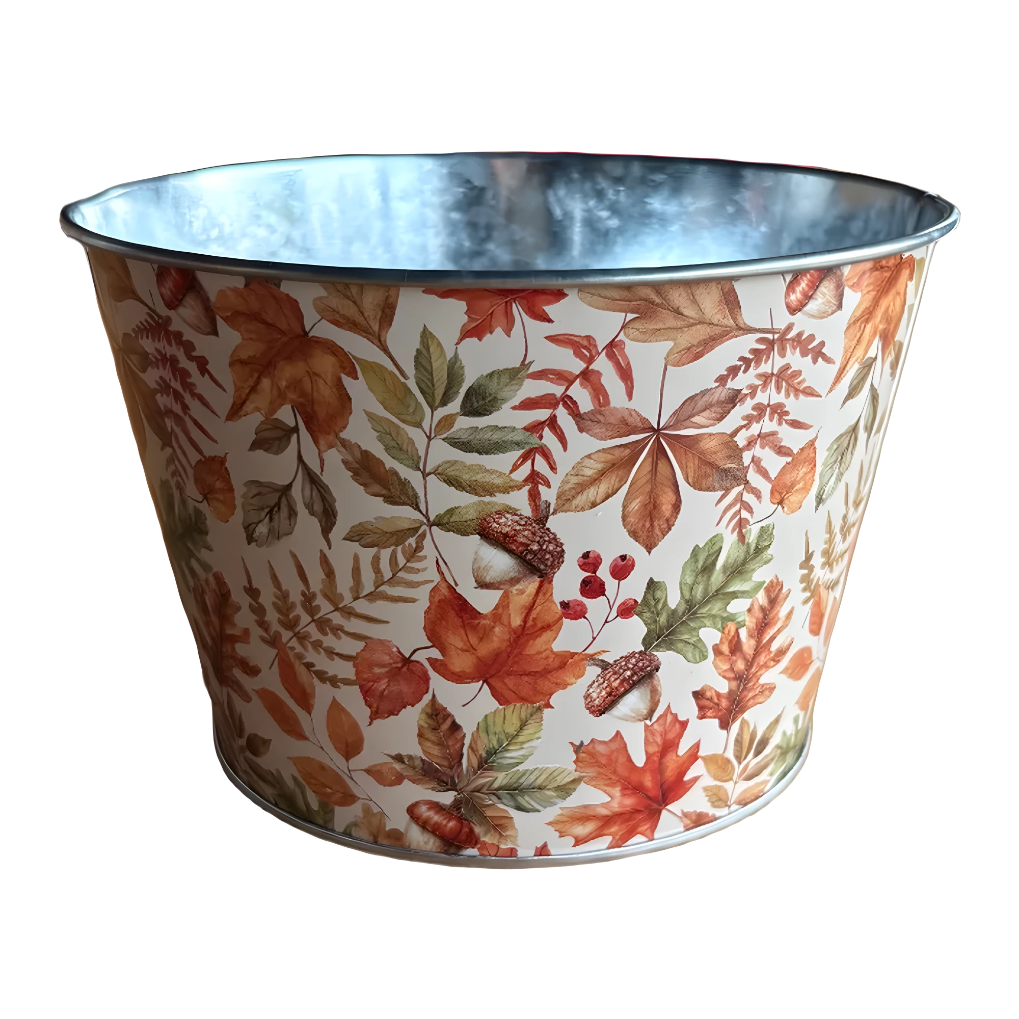 Coupe ronde en zinc imprimée de feuilles d'automne, glands et baies pour compositions florales de Toussaint, vue 2