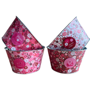 Coupes rondes en zinc imprimées de fleurs roses avec magnet Octobre Rose pour compositions de fleuriste