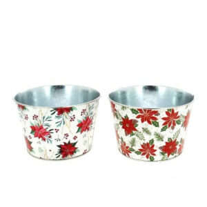Coupe ronde en zinc imprimée de poinsettias rouges sur fond blanc pour plantes et compositions de Noël