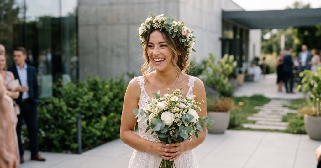 Mariée portant une couronne de fleurs fraîches sur ses cheveux lors de son mariage