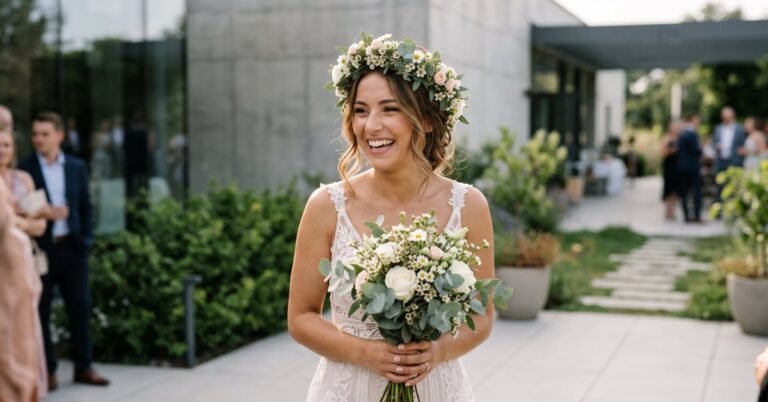 Mariée portant une couronne de fleurs fraîches sur ses cheveux lors de son mariage