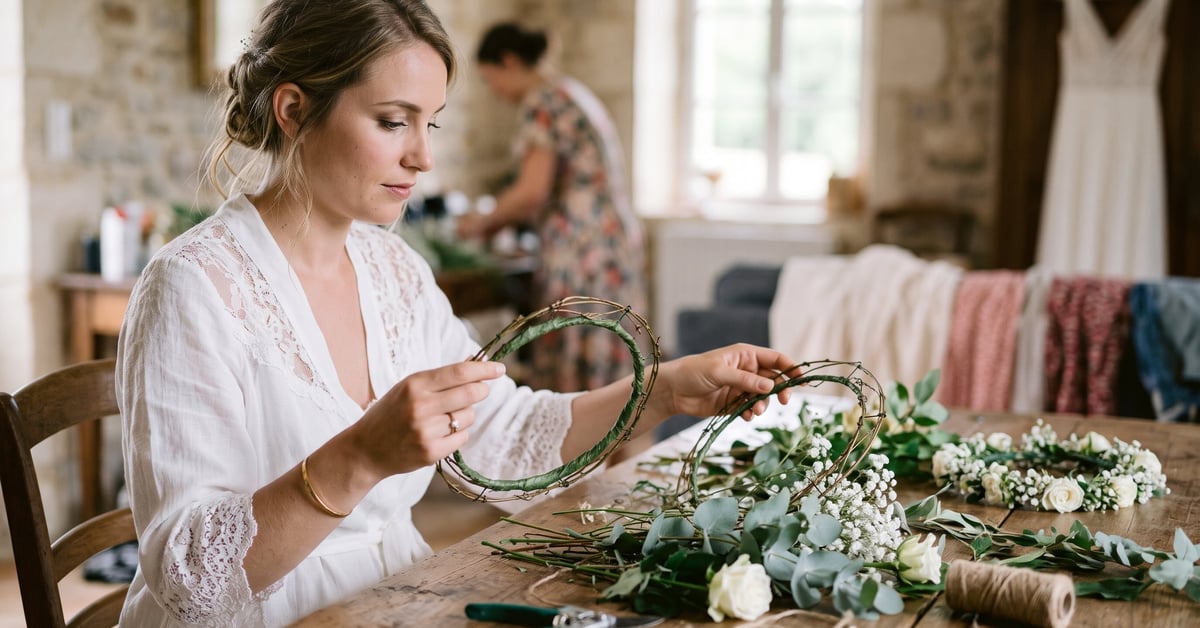 Base de couronne de fleurs pour mariée posée sur une table, matériaux naturels pour création florale
