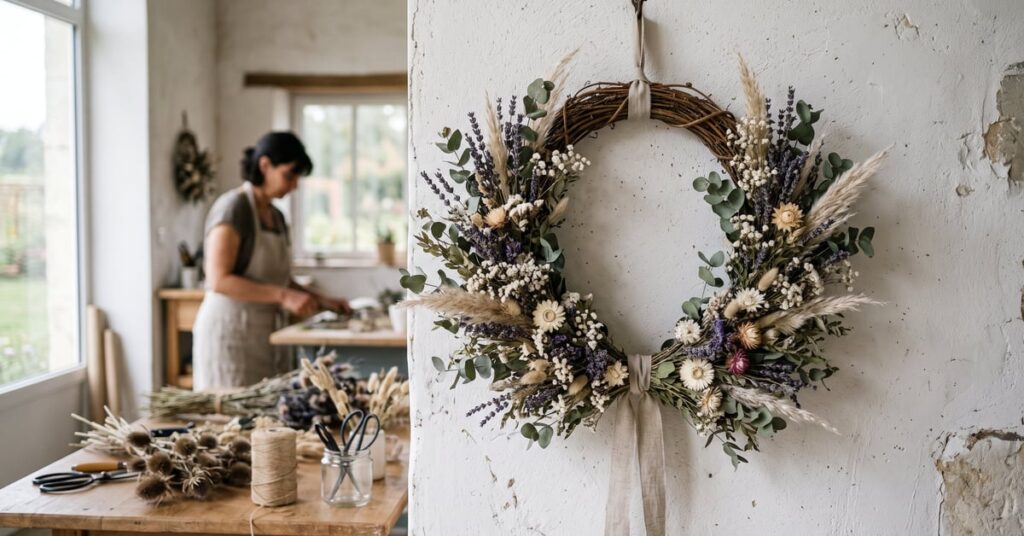 Couronne de fleurs séchées artisanale aux tons naturels et textures délicates, posée sur fond clair