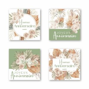 Étiquettes carrées Anniversaire style bohème à palmes séchées et vert sauge pour bouquets de fleuriste
