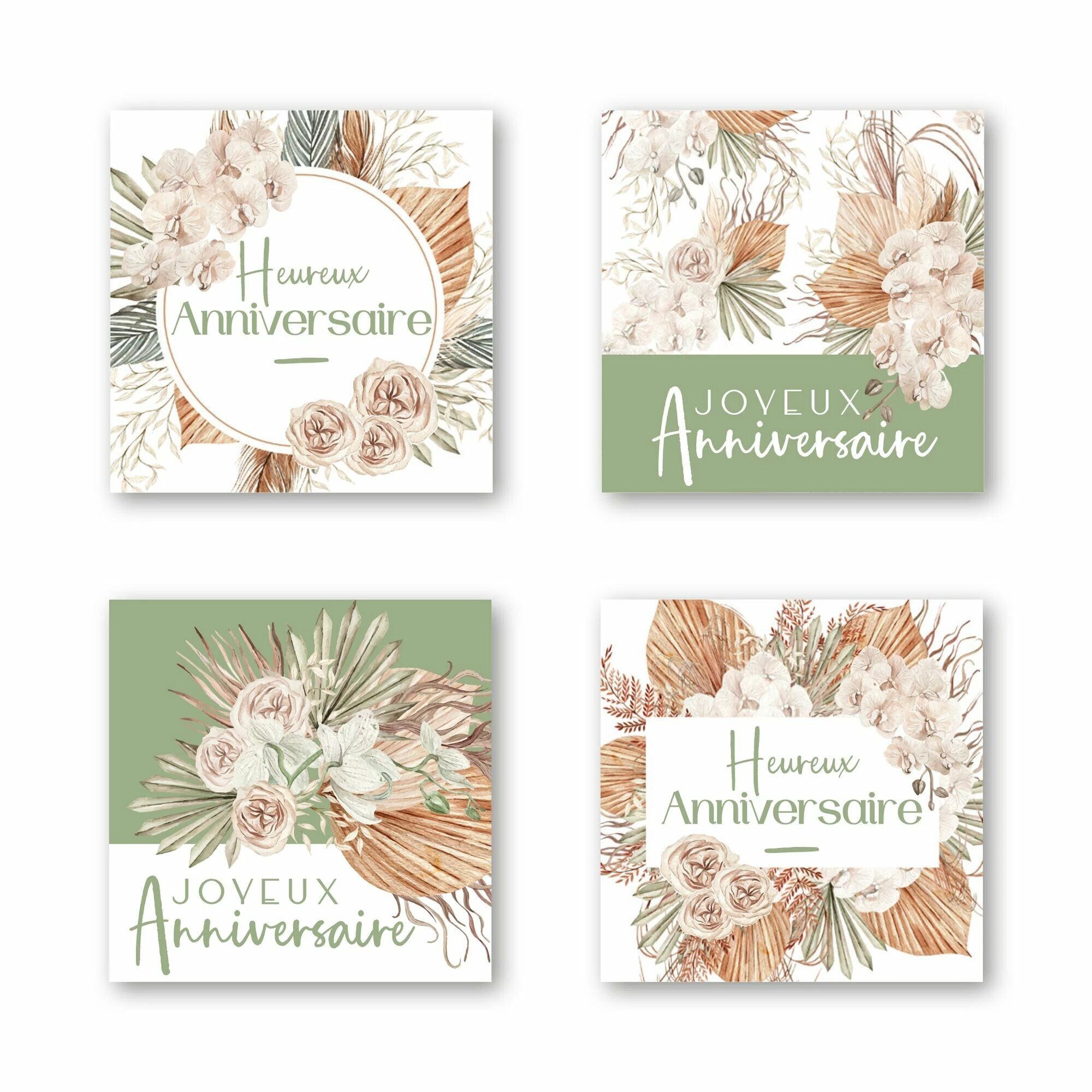 Étiquettes carrées Anniversaire style bohème à palmes séchées et vert sauge pour bouquets de fleuriste