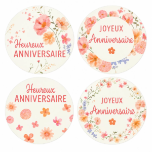 Étiquettes de vœux rondes anniversaire à fleurs aquarellées pastel sur fond crème pour fleuriste