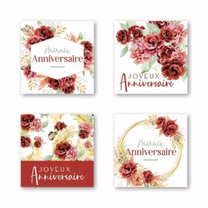 Étiquettes carrées Anniversaire à roses bordeaux aquarellées pour bouquets et cadeaux de fleuriste