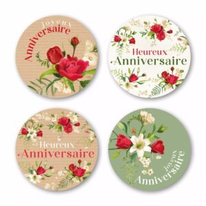 Étiquettes rondes Joyeux Anniversaire à roses rouges et lys blancs pour bouquets de fleuriste