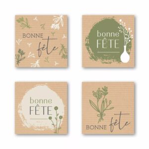 Étiquettes carrées Bonne fête fond kraft à brins de feuillage pour bouquets champêtres de fleuriste