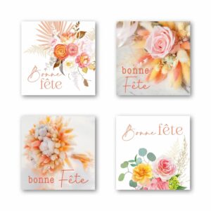 Étiquettes carrées Bonne fête à fleurs séchées ton pêche pour bouquets et cadeaux de fleuriste