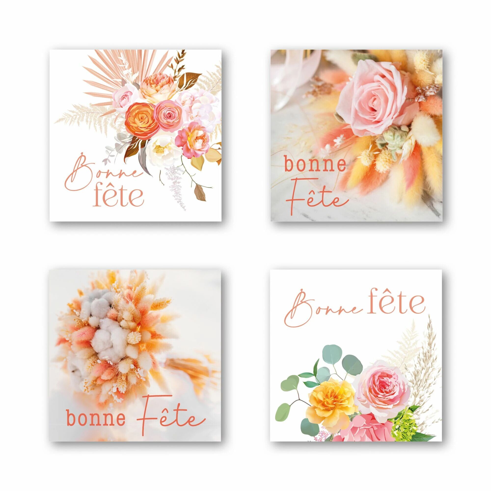 Étiquettes carrées Bonne fête à fleurs séchées ton pêche pour bouquets et cadeaux de fleuriste