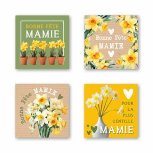 Étiquettes carrées Bonne Fête Mamie illustrées de jonquilles pour bouquets de fleuriste fête des grands-mères