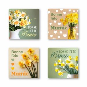 Étiquettes carrées Bonne Fête Mamie à photos de jonquilles pour bouquets et plantes de fleuriste