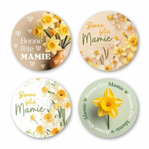 Étiquettes rondes Bonne fête Mamie à décor de jonquilles pour bouquets de fleuriste fête des grands-mères