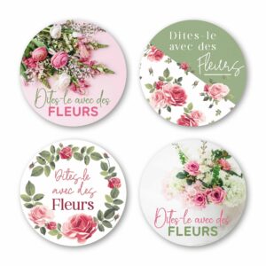 Étiquettes rondes Dites-le avec des fleurs à décors de roses pour bouquets et emballages de fleuriste